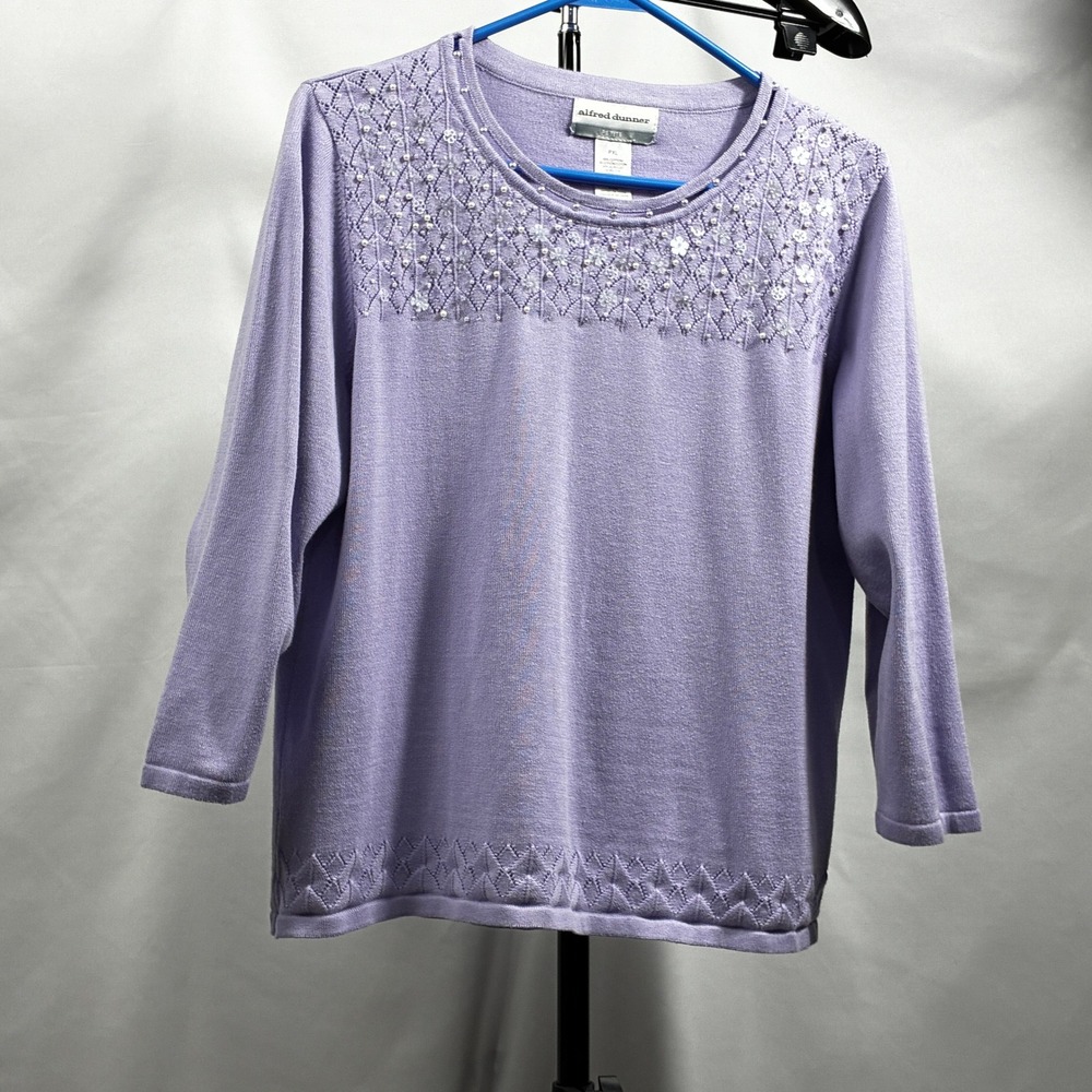 Alfred Dunner Lavender Pearl Sequin Floral Pointelle Knit Sweater Petite XL PXL